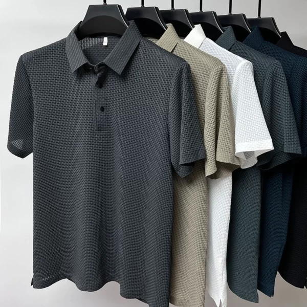 Camiseta de seda gelo de malha manga curta masculina, de verão fria,  polo de cor sólida, roupas masculinas, meia manga, gola