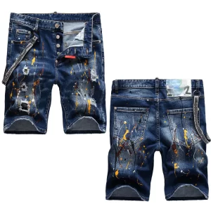 Shorts jeans masculino, fino estiramento azul rasgado jeans shorts luz cor de luxo tinta salpicado decorações rua, sexy calções casuais;