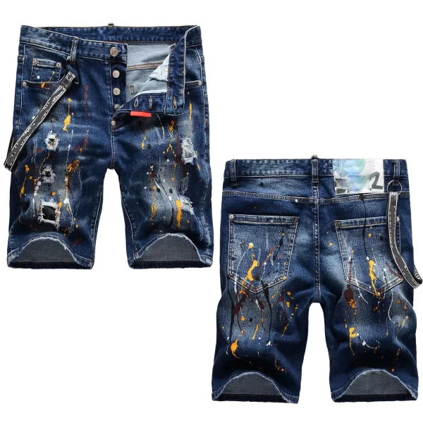 Shorts jeans masculino, fino estiramento azul rasgado jeans shorts luz cor de luxo tinta salpicado decorações rua, sexy calções casuais;