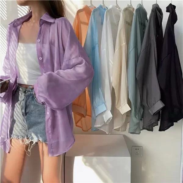 Camisas feminina, Casaco de Manga Comprida Lady Sunscreen, Casual Loose Shirts Fino Transparente Blusas, Roupas de Verão - Image 4