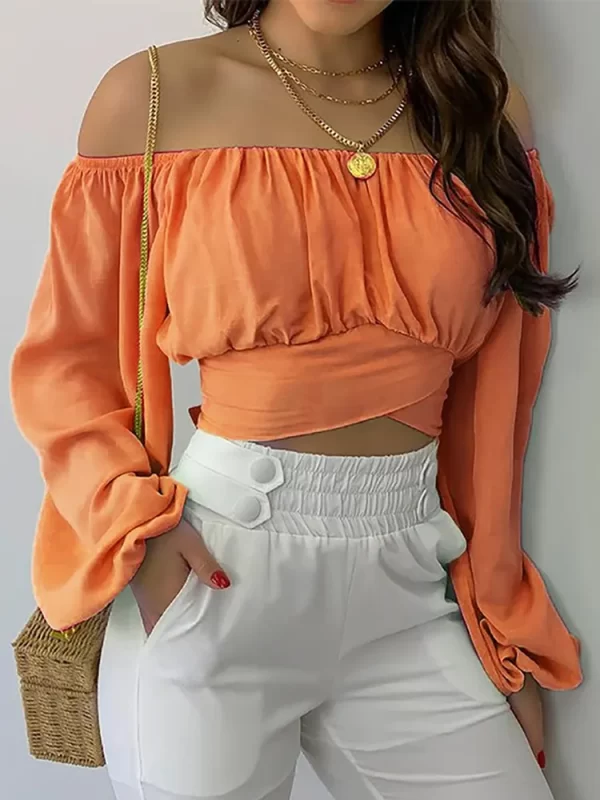 Camisa/Blusa Estampada Fora do Ombro Feminina, Laço de renda sexy, Camisa Fina Sem Costas, Manga Longa Casual, Top Curto Chique, Túnica, Elegante, Streetwear - Image 8