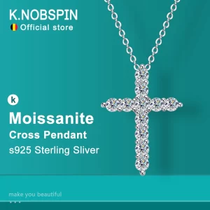 Colar de pingente cruz feminino, KNOBSPIN-Full Moissanite , Corrente de Prata Esterlina 925, Ouro Branco 18K, Colar Fino, Original.