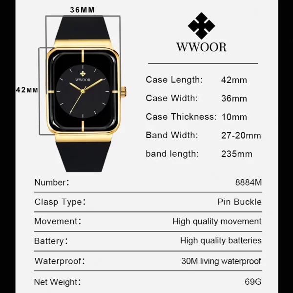 Relógio com pulseira de silicone, masculino WWOOR-impermeável, relógio de pulso quadrado simples, moda, tendência, original - Image 5