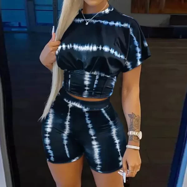 Conjunto de duas peças ( shorts + blusa ), feminino, carta de impressão de manga curta colheita corset t-shirt & senhoras cintura alta shorts calças. - Image 8