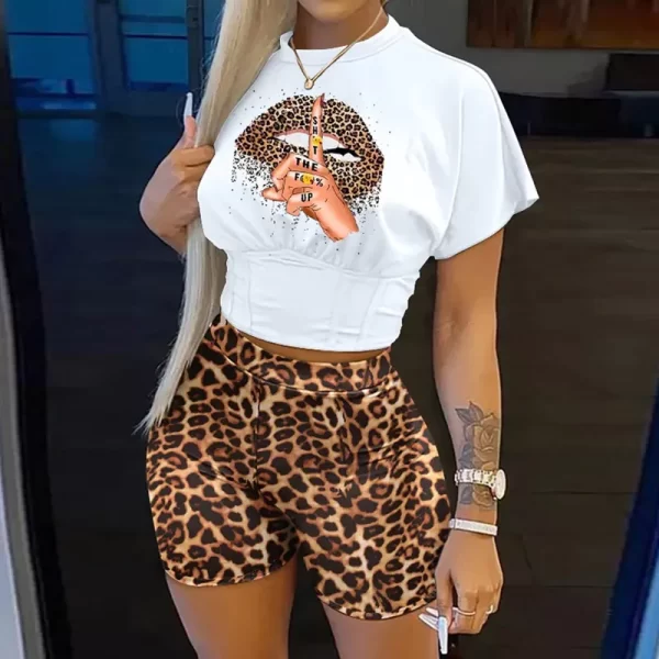 Conjunto de duas peças ( shorts + blusa ), feminino, carta de impressão de manga curta colheita corset t-shirt & senhoras cintura alta shorts calças. - Image 5