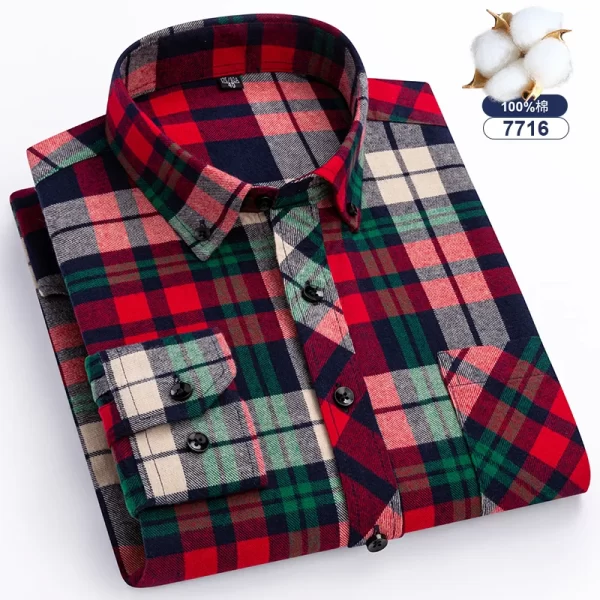Camisas xadrez de manga longa masculina, algodão puro, design de bolso único, casual jovem, ajuste padrão, flanela grossa, na moda - Image 16