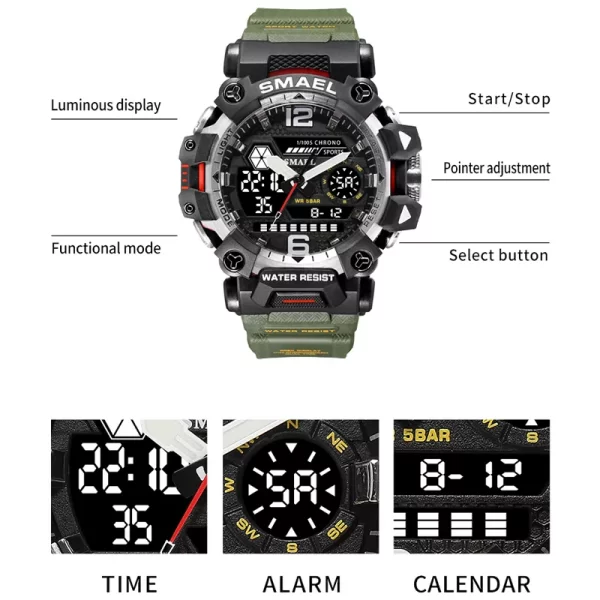 Relógio de pulso masculino, desportivo, impermeável, SMAEL, ecrã duplo, quartzo, LED, militar, digital, 50m, 8072 - Image 4