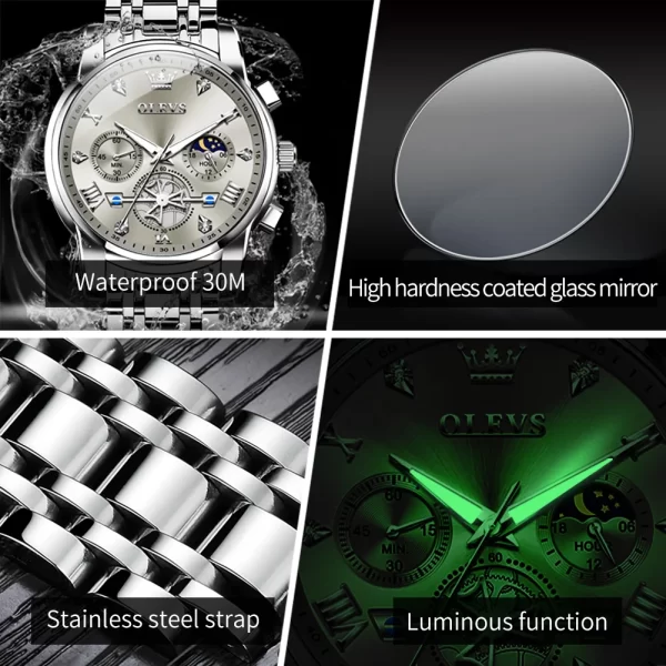 Relógio de pulso masculino de aço inoxidável, OLEVS, Cronógrafo, Fase da Lua, Impermeável, De Quartzo Luminoso, Marca De Luxo - Image 4