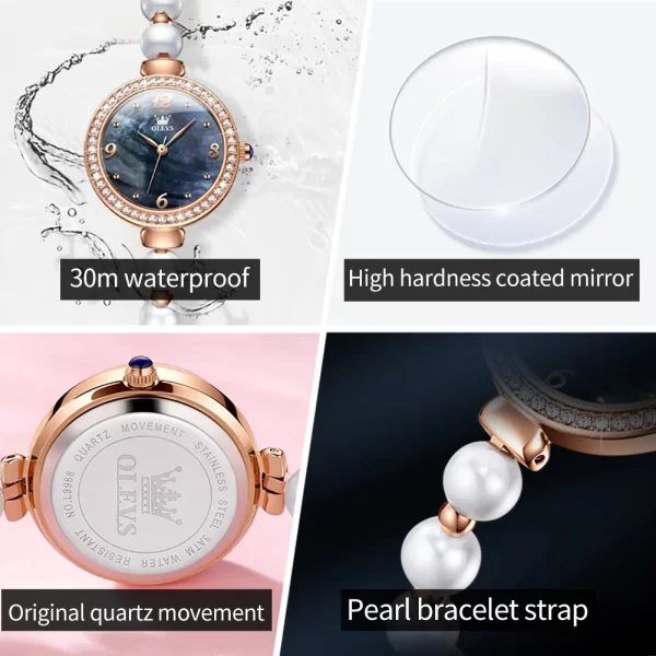 Relógio de pulso, quartzo, feminino, impermeável, OLEVS-Relógio, pulseira de corrente pérola, embutimento de diamantes na moda, estudante, marca original, moda popular - Image 5