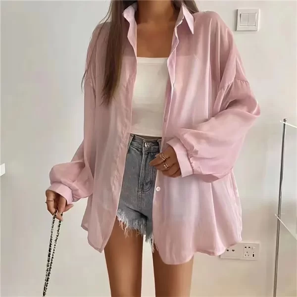 Camisas feminina, Casaco de Manga Comprida Lady Sunscreen, Casual Loose Shirts Fino Transparente Blusas, Roupas de Verão - Image 11