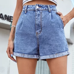 Shorts jeans feminino, Benuynffy-Shorts, monocromáticos de cintura alta, retos, streetwear casual, bolso feminino, bainha enrolada, verão.