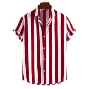 Camisas masculina listradas de manga curta, botões havaianos, blusa quadriculada vermelha de praia, camisa preta e branca, roupas verão