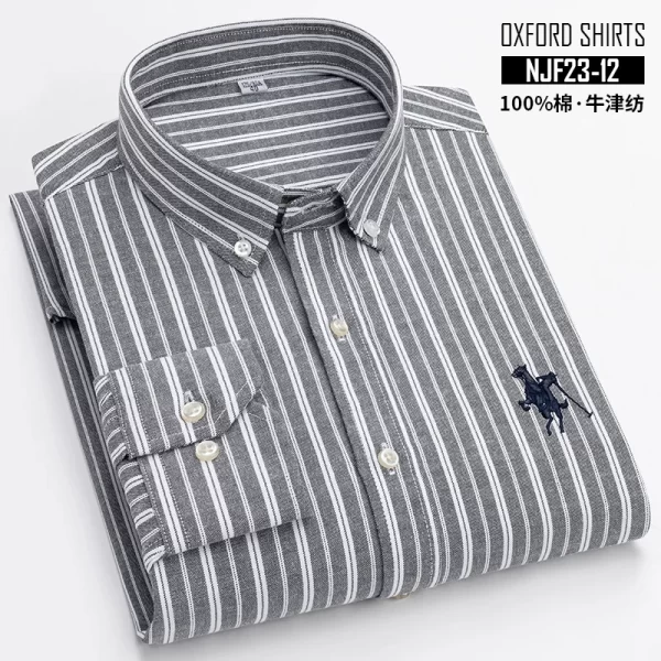 Camisas masculina listrada de manga comprida, tops lisos, roupas de escritório, 100% algodão, camisa completa, roupas casuais inteligentes. - Image 17