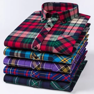 Camisas xadrez de manga longa masculina, algodão puro, design de bolso único, casual jovem, ajuste padrão, flanela grossa, na moda
