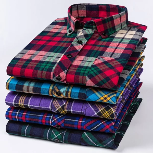 Camisas xadrez de manga longa masculina, algodão puro, design de bolso único, casual jovem, ajuste padrão, flanela grossa, na moda