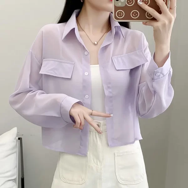Camisas feminina, escritório, primavera verão fino sólido,  solto polo-pescoço botão chiffon único breasted roupas curtas - Image 5