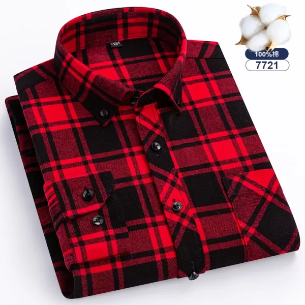 Camisas xadrez de manga longa masculina, algodão puro, design de bolso único, casual jovem, ajuste padrão, flanela grossa, na moda - Image 19