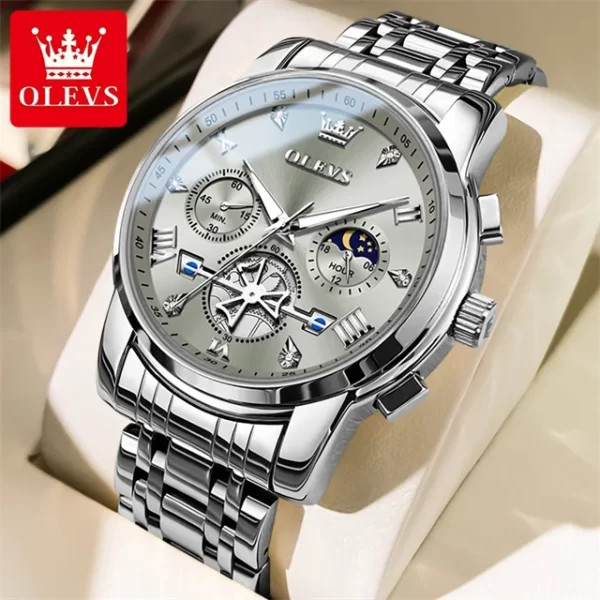 Relógio de pulso masculino de aço inoxidável, OLEVS, Cronógrafo, Fase da Lua, Impermeável, De Quartzo Luminoso, Marca De Luxo - Image 12