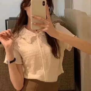 Camisas feminina, Lucyever Folds Cropped, estilo Preppy Lovely Retro Basic Short Sleeve Shirt, Verão Ins Chic Wlid Ulzzang Blusa