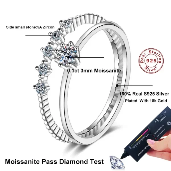 Anel feminino, Neetim Moissanite Anel Set, Corte Brilhante, 0,1 quilate, Teste de Diamante Passado, Cor D, Anéis Moissanites, 925 Prata, Jóias originais, 3mm - Image 5