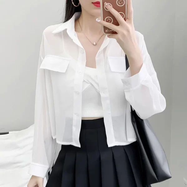 Camisas feminina, escritório, primavera verão fino sólido,  solto polo-pescoço botão chiffon único breasted roupas curtas - Image 2