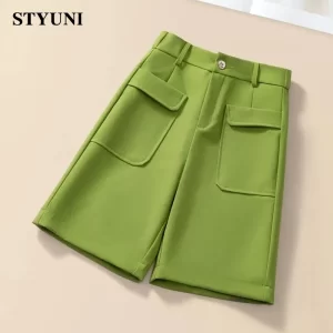 Shorts feminino casual, reto de perna larga, sólido, coreano, cintura alta, botão coreano moda verão primavera