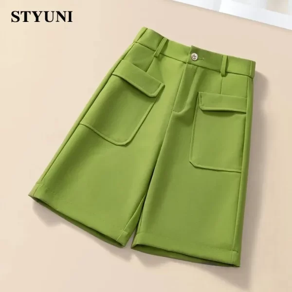 Shorts feminino casual, reto de perna larga, sólido, coreano, cintura alta, botão coreano moda verão primavera