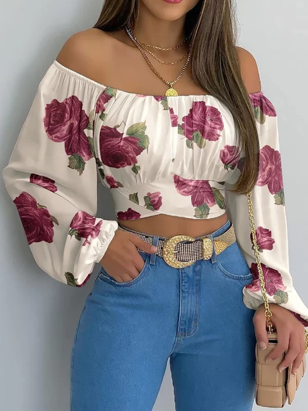 Camisa/Blusa Estampada Fora do Ombro Feminina, Laço de renda sexy, Camisa Fina Sem Costas, Manga Longa Casual, Top Curto Chique, Túnica, Elegante, Streetwear - Image 12