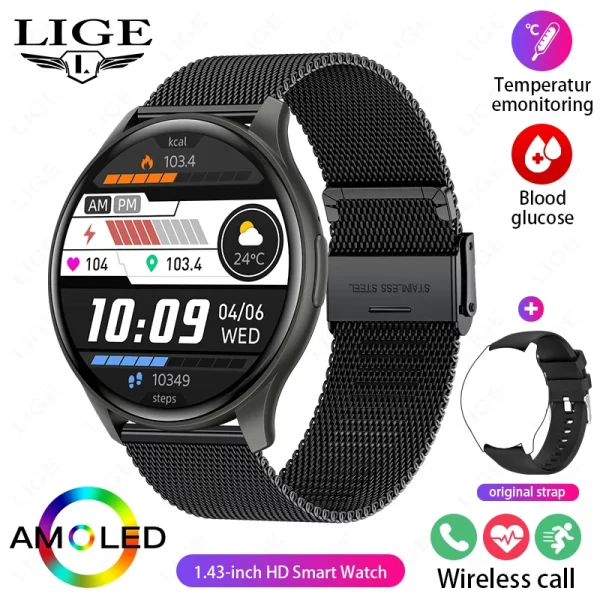 Relógio de pulso feminino, LIGE-Smartwatch esportivo à prova d'água, AMOLED, 1,43 "tela HD, monitor de glicose sanguínea, chamada Bluetooth, IP68, 466x466, novo - Image 11