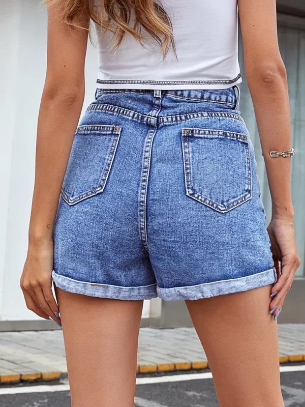 Shorts jeans feminino, Benuynffy-Shorts, monocromáticos de cintura alta, retos, streetwear casual, bolso feminino, bainha enrolada, verão. - Image 2