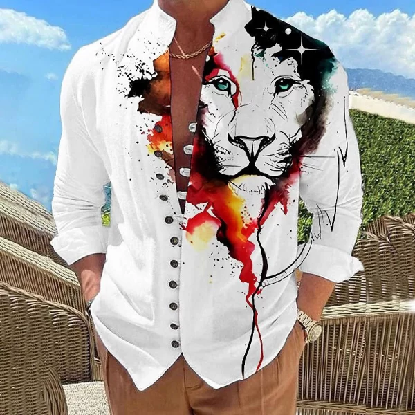 Camisas masculina estampada de peito único, leão animal, casual, gola em pé, manga comprida, top, moda ao ar livre - Image 2