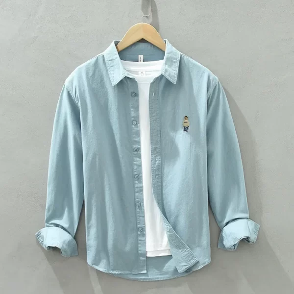 Camisas masculina, casuais de manga comprida, 100% algodão, cor sólida, arte da moda, top versátil, bordado de urso, novo, primavera e outono, C1378 - Image 7