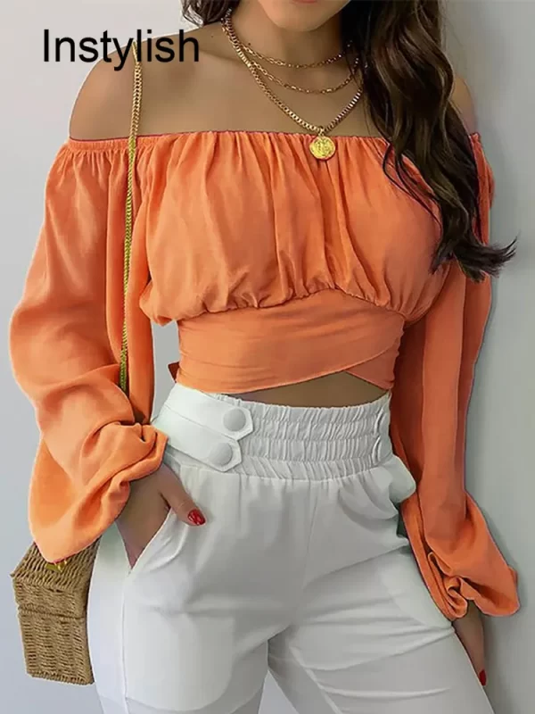 Camisa/Blusa Estampada Fora do Ombro Feminina, Laço de renda sexy, Camisa Fina Sem Costas, Manga Longa Casual, Top Curto Chique, Túnica, Elegante, Streetwear - Image 3