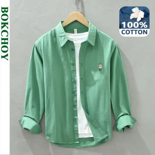 Camisas masculina, casuais de manga comprida, 100% algodão, cor sólida, arte da moda, top versátil, bordado de urso, novo, primavera e outono, C1378