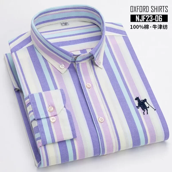Camisas masculina listrada de manga comprida, tops lisos, roupas de escritório, 100% algodão, camisa completa, roupas casuais inteligentes. - Image 11