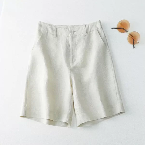 Shorts feminino, Linho Sólido Ocasional Bolso Botão de Cintura Alta Perna Larga, Coreano Moda Solta Reta Verão Suit. - Image 3