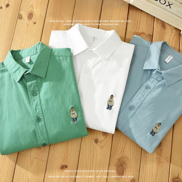 Camisas masculina, casuais de manga comprida, 100% algodão, cor sólida, arte da moda, top versátil, bordado de urso, novo, primavera e outono, C1378 - Image 5