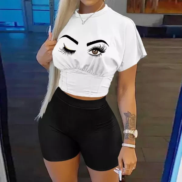 Conjunto de duas peças ( shorts + blusa ), feminino, carta de impressão de manga curta colheita corset t-shirt & senhoras cintura alta shorts calças. - Image 7