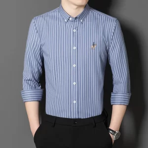 Camisa de manga comprida Oxford Stripes masculina, Clássica, Versátil, Algodão, Casual, Social Fashion, Quatro Estações