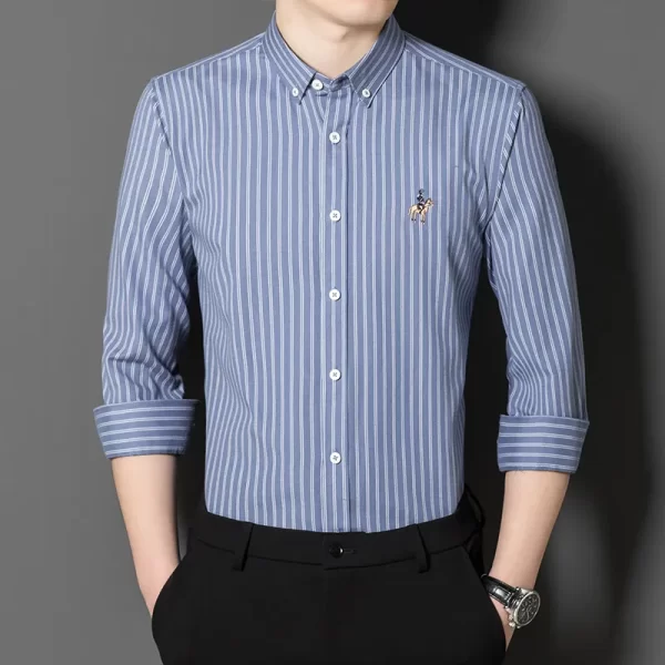 Camisa de manga comprida Oxford Stripes masculina, Clássica, Versátil, Algodão, Casual, Social Fashion, Quatro Estações