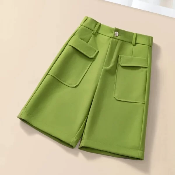 Shorts feminino casual, reto de perna larga, sólido, coreano, cintura alta, botão coreano moda verão primavera - Image 8