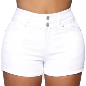 Shorts jeans feminino de cintura alta, Liooil-shorts, algodão, elástico, casual, com zíper, branco, preto, algemado, verão