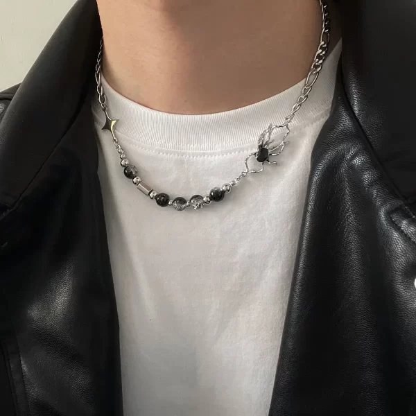 Colar de aço inoxidável, unissex,  com contas, corrente de clavícula de emenda, joias punk cool, moda vintage, hip hop, aranha 1pc