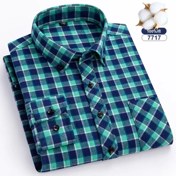 Camisas xadrez de manga longa masculina, algodão puro, design de bolso único, casual jovem, ajuste padrão, flanela grossa, na moda - Image 17