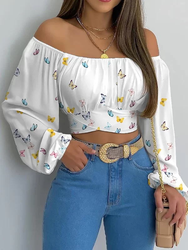 Camisa/Blusa Estampada Fora do Ombro Feminina, Laço de renda sexy, Camisa Fina Sem Costas, Manga Longa Casual, Top Curto Chique, Túnica, Elegante, Streetwear - Image 11