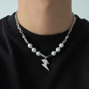 Colar pingente unissex em forma de relâmpago, gargantilha hip-hop punk, corrente de aço inoxidável pérola.