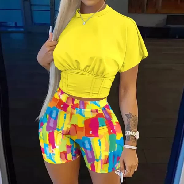 Conjunto de duas peças ( shorts + blusa ), feminino, carta de impressão de manga curta colheita corset t-shirt & senhoras cintura alta shorts calças. - Image 9