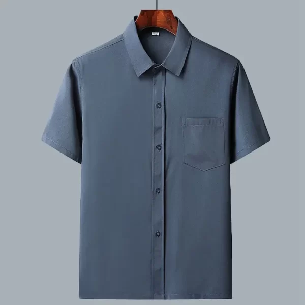 Camisas masculina casuais de seda gelo, gola baixa, tops soltos e confortáveis, manga curta sólida, moda empresarial, verão - Image 4