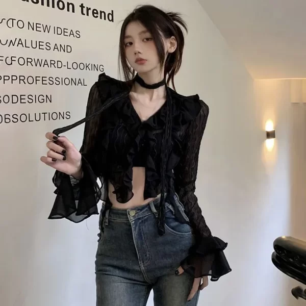 Camisas feminina, elegante Laço Preto Top Colheita, Sexy Gótico Grunge Blusas, Cardigan Transparente, Streetwear Coreano, Y2k. - Image 2