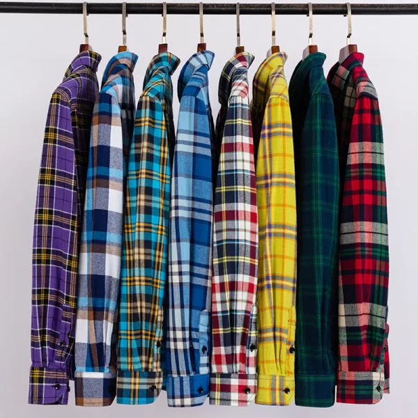 Camisas xadrez de manga longa masculina, algodão puro, design de bolso único, casual jovem, ajuste padrão, flanela grossa, na moda - Image 2